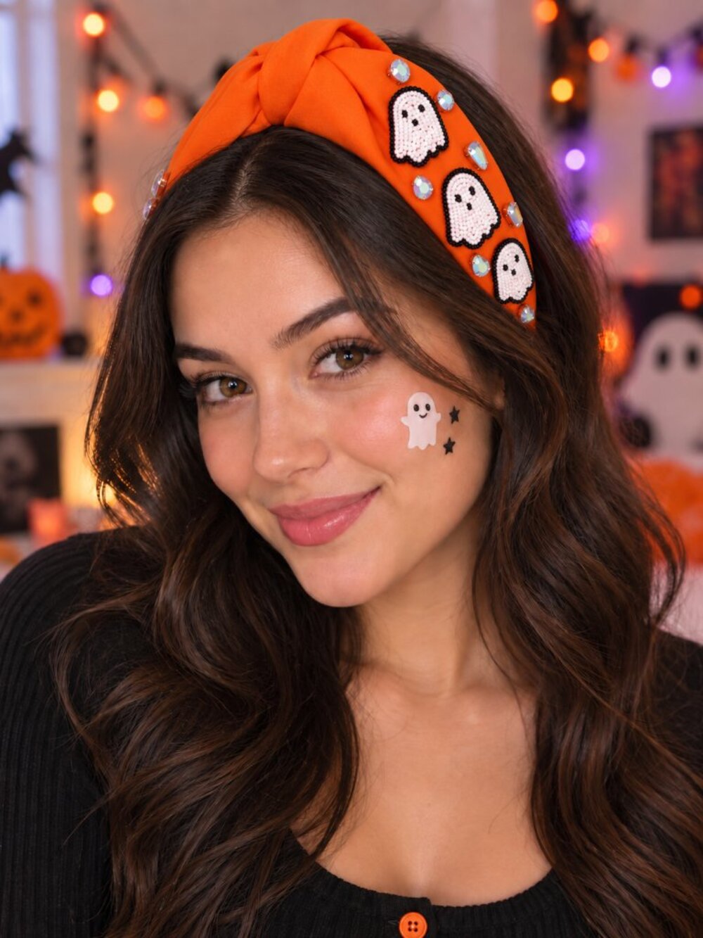 Seed Beaded & Crystal Rhinestone Accent Ghost Orange Halloween Headband NEW